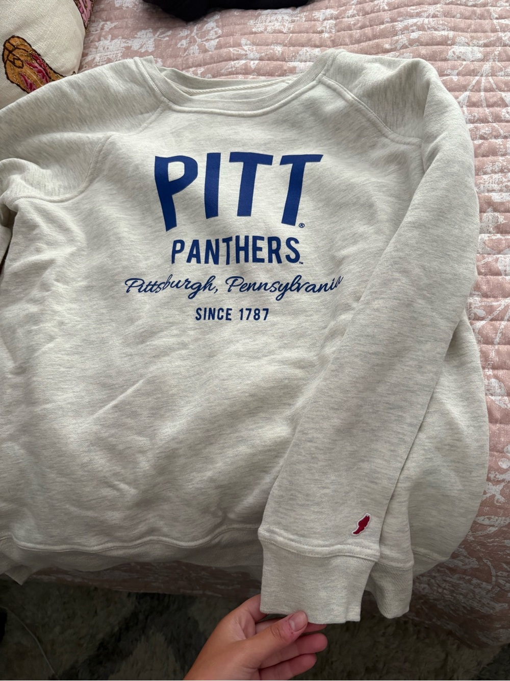 League Cream Crewneck Sweatshirt with Blue Pitt Panthers Logo